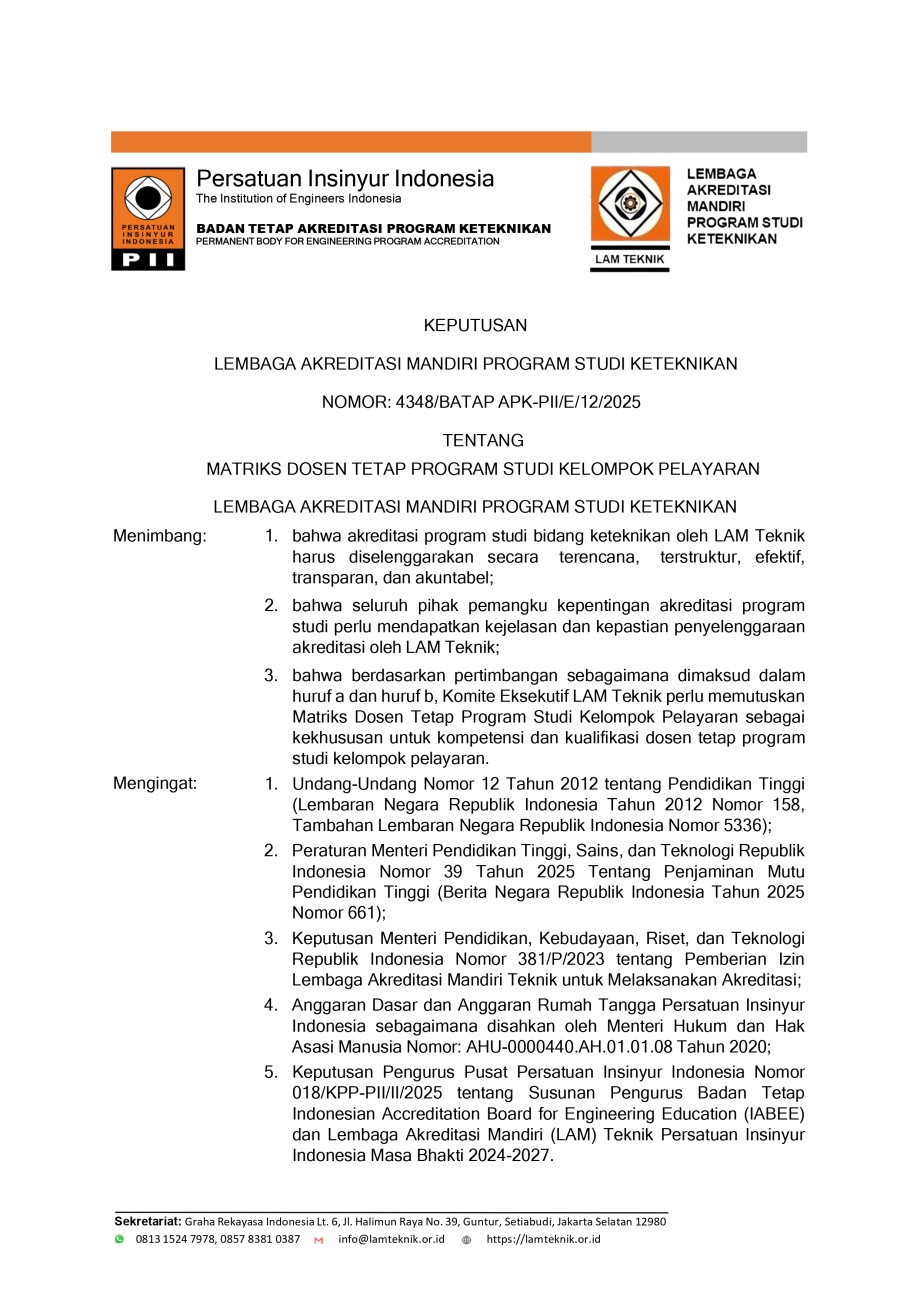Surat Keputusan LAM Teknik Surat Keputusan Nomor 4348/BATAP APK-PII/E/12/2025 Tentang Matriks Dosen Tetap Program Studi Kelompok Pelayaran Lembaga Akreditasi Mandiri Program Studi Keteknikan