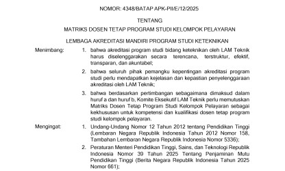 Surat Keputusan LAM Teknik Surat Keputusan Nomor 4348/BATAP APK-PII/E/12/2025 Tentang Matriks Dosen Tetap Program Studi Kelompok Pelayaran Lembaga Akreditasi Mandiri Program Studi Keteknikan